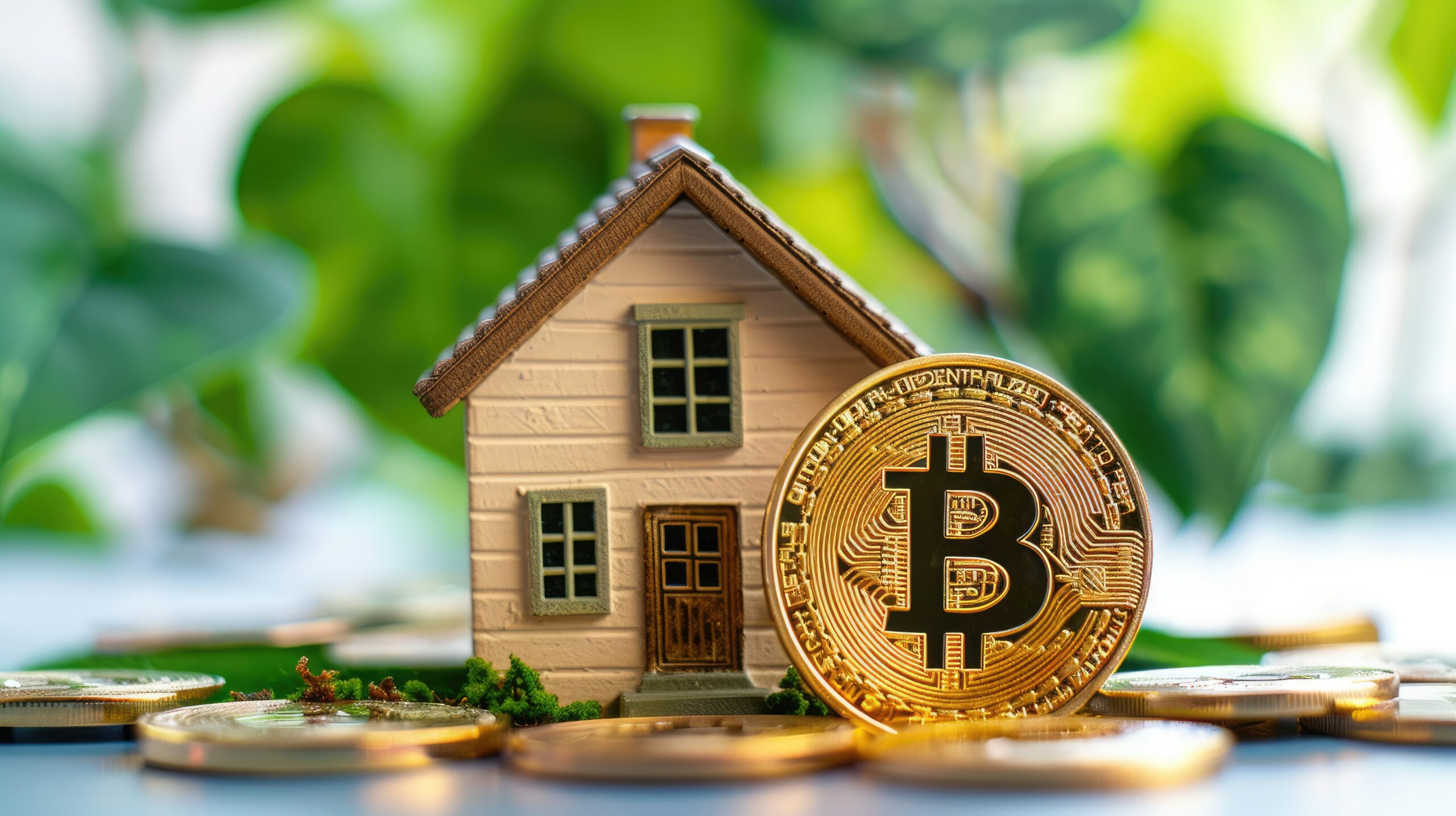 House and Bitcoin symbol side by side, representing real estate and crypto investing.